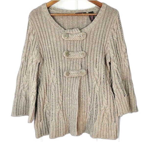 Heather B Beige Button Front Chunky Knit Cardigan Sweater 3/4 Bell Sleeves Sz XL - Picture 1 of 12